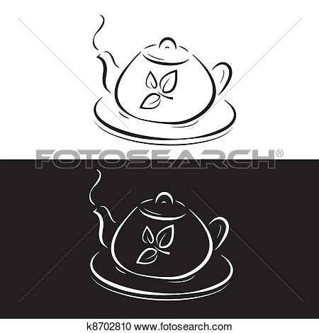 Teapot With Leaves Symbol Isolated On Black And White View Large Clip