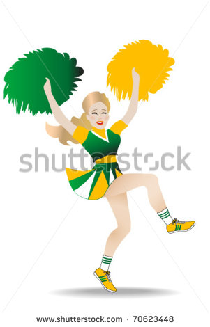 Female Cheerleader In Green And Gold Colors Cheering Happily