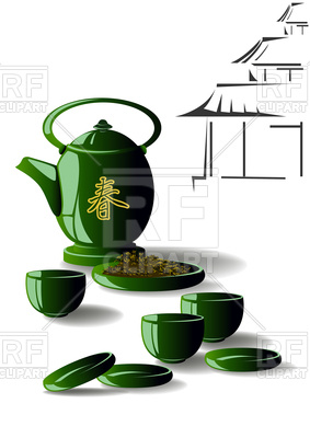 Green Tea   Teapot With Cups And Saucers 97112 Download Royalty Free