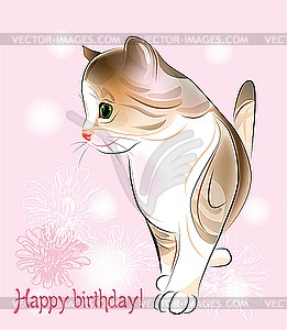 Happy Birthday Greeting Card With Little Kitten   Vector Clip Art