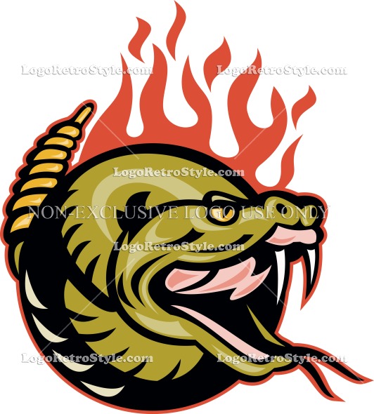Mascot Viper Rattlesnake Snake Head Fangs Flames   Logo Retro Style