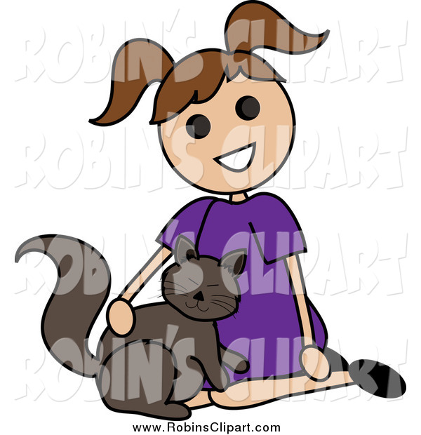 Clip Art Of A Happy Brunette Stick Girl Petting A Cat By Pams Clipart
