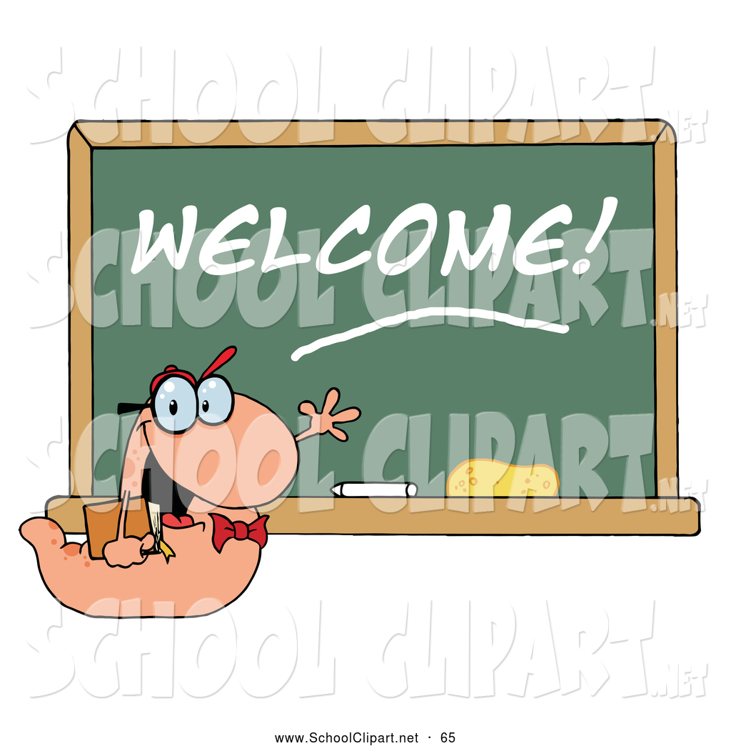 Clip Art Of A Happy Student Bookworm By A Welcome Classroom Chalkboard