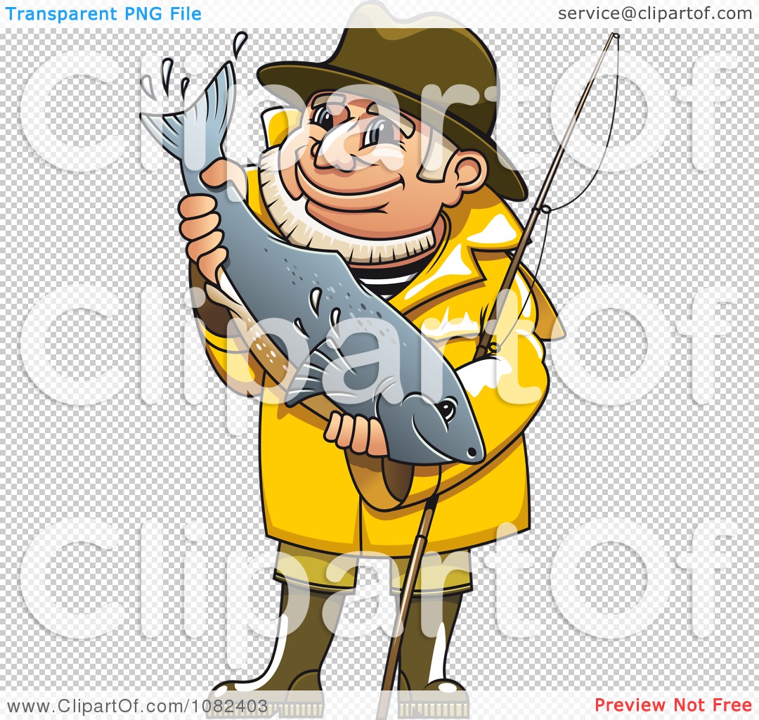 Clipart Pleased Fisherman Holding A Fish   Royalty Free Vector