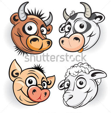 Funny Cartoon Farm Animals Vector Mascot Of Smiling Bull Cow Pig    