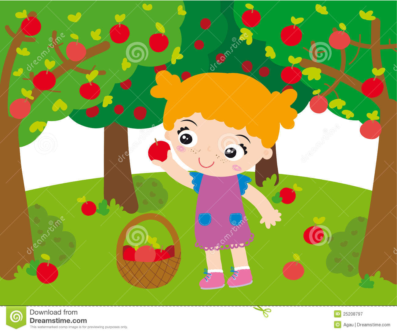 Illustration Of Little Girl In Orchard Picking Up Apples