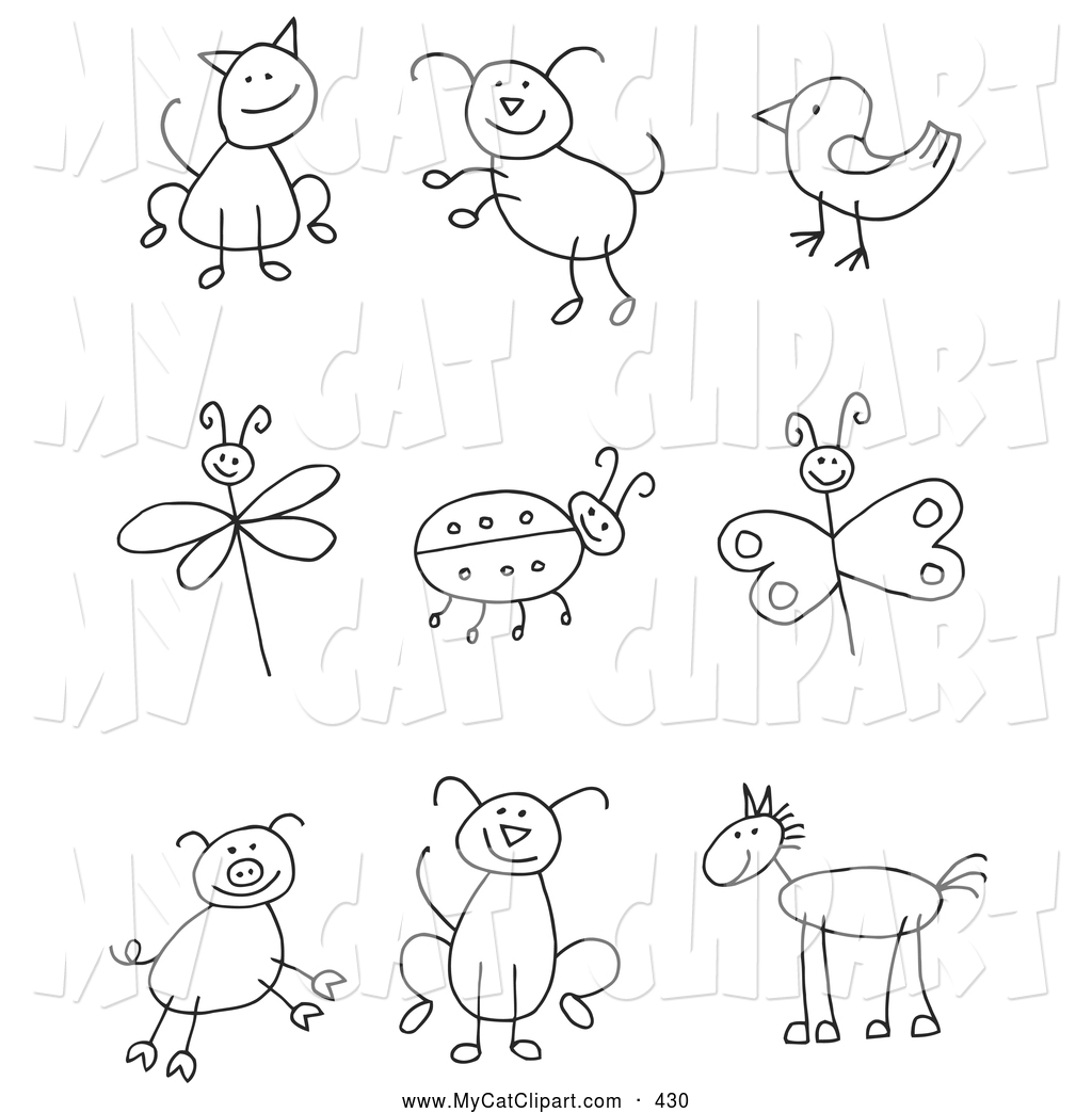 Larger Preview  Clip Art Of A Coloring Page Of A Stick Figure Cat Dog    