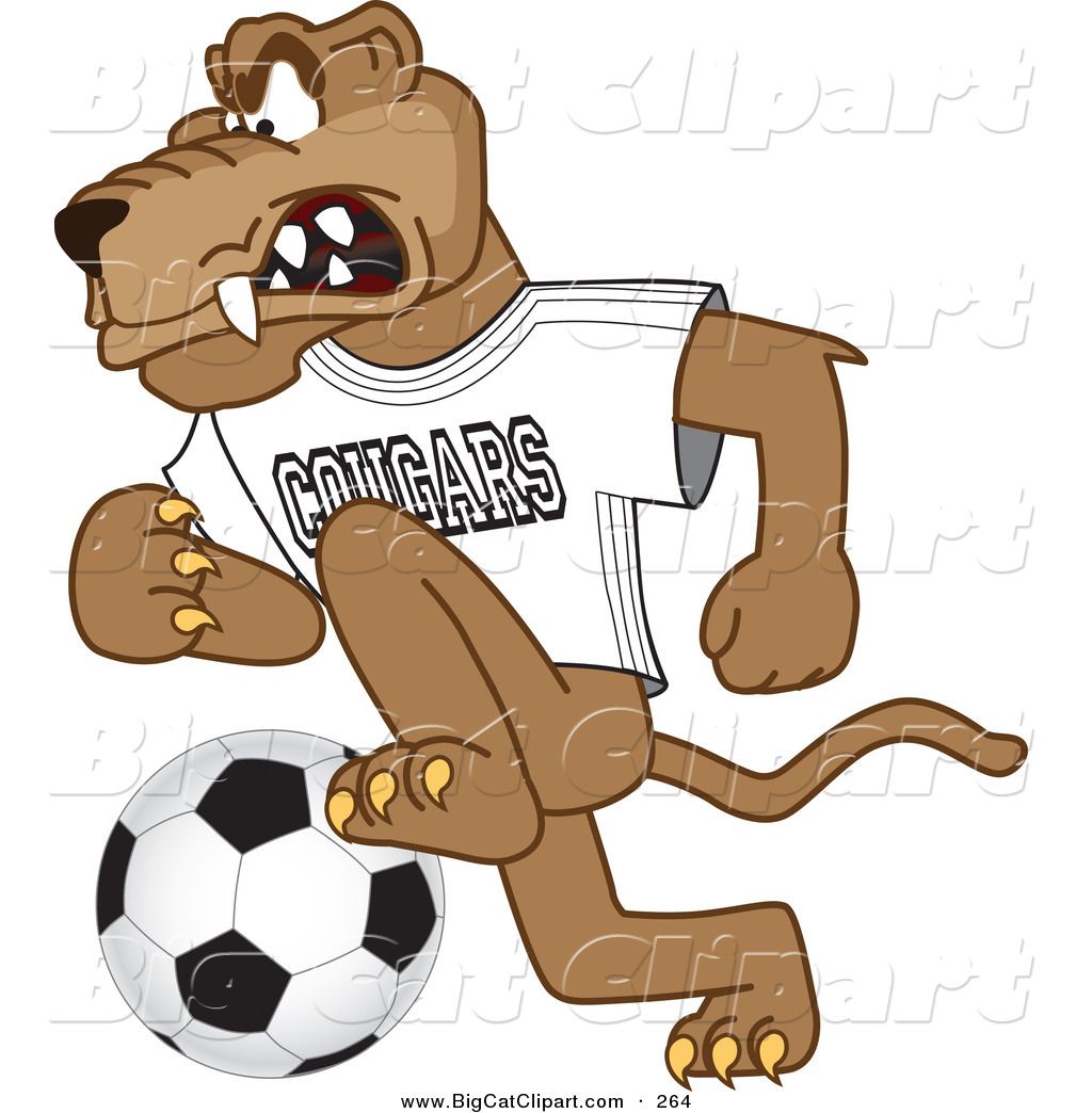 Mad Cougar Mascot Character Playing Soccer Grinning Cougar Mascot