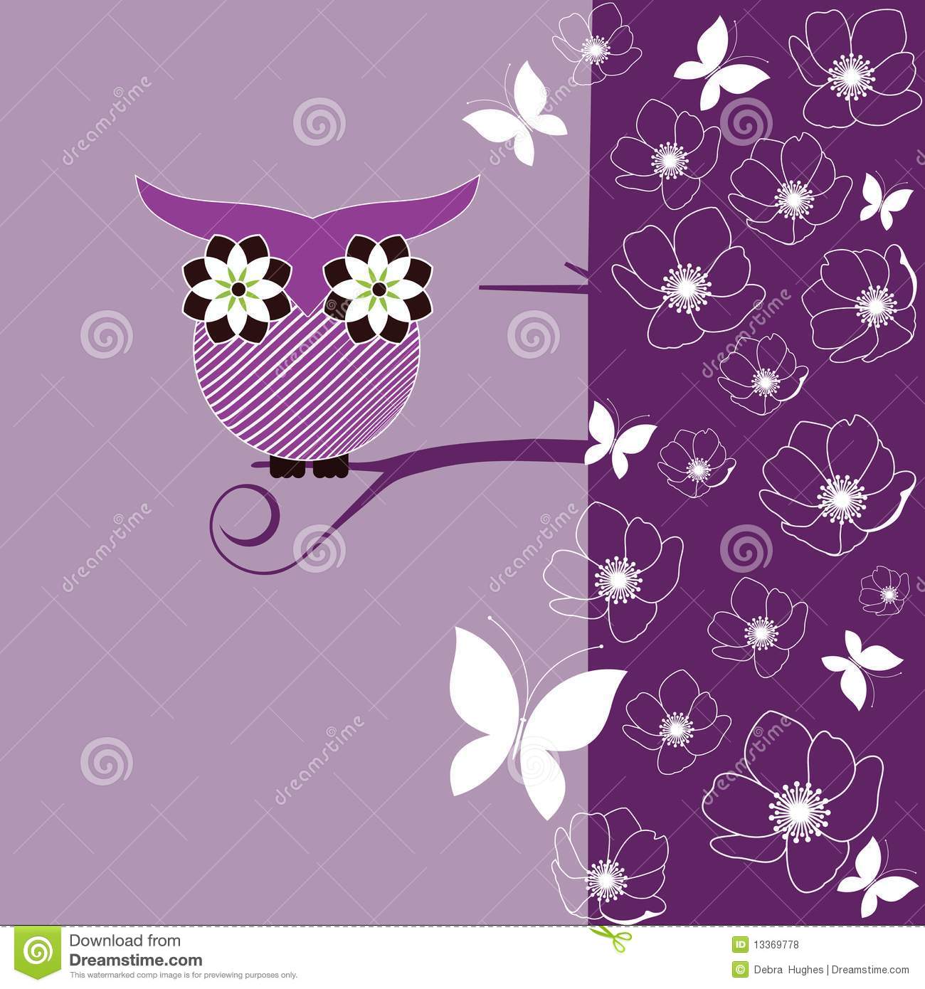 Whimsical Owl Sitting On A Branch With Flower Blossoms And Butterflies