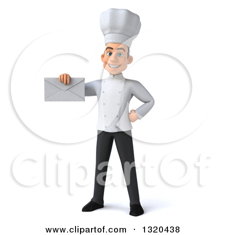 Clipart Of A 3d Young White Male Chef Holding An Envelope   Royalty