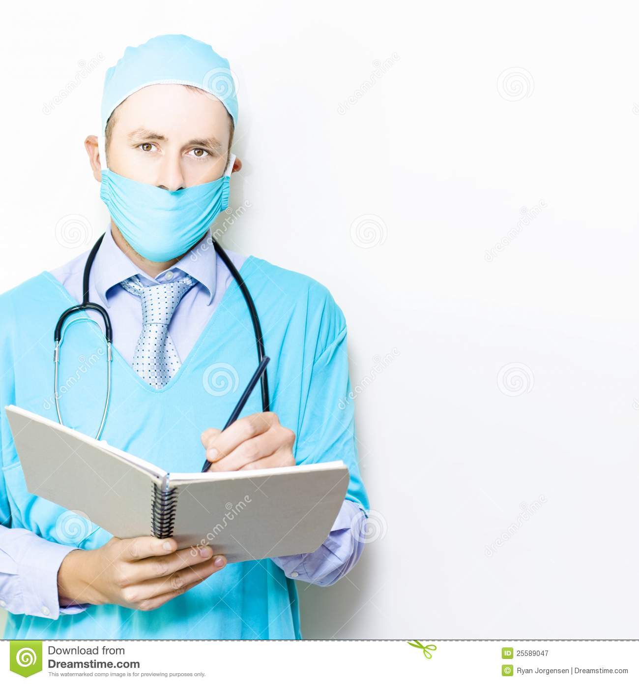 Doctor Or Surgical Nurse In Gown And Mask Standing Writing In A Spiral    