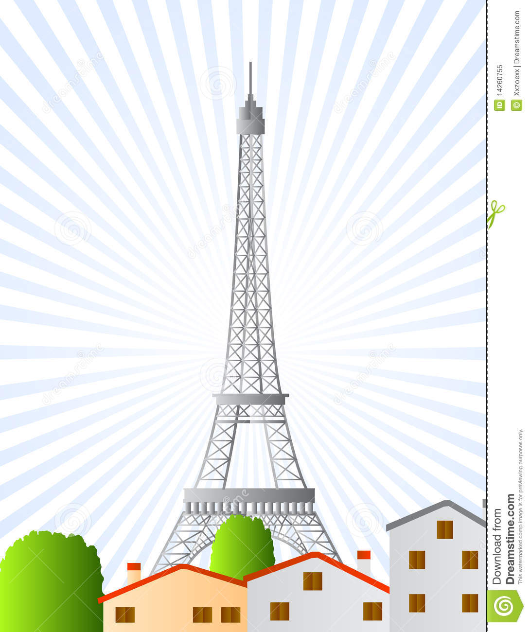 Illustrated Eiffel Tower In Paris With Urban View Of Houses And Trees