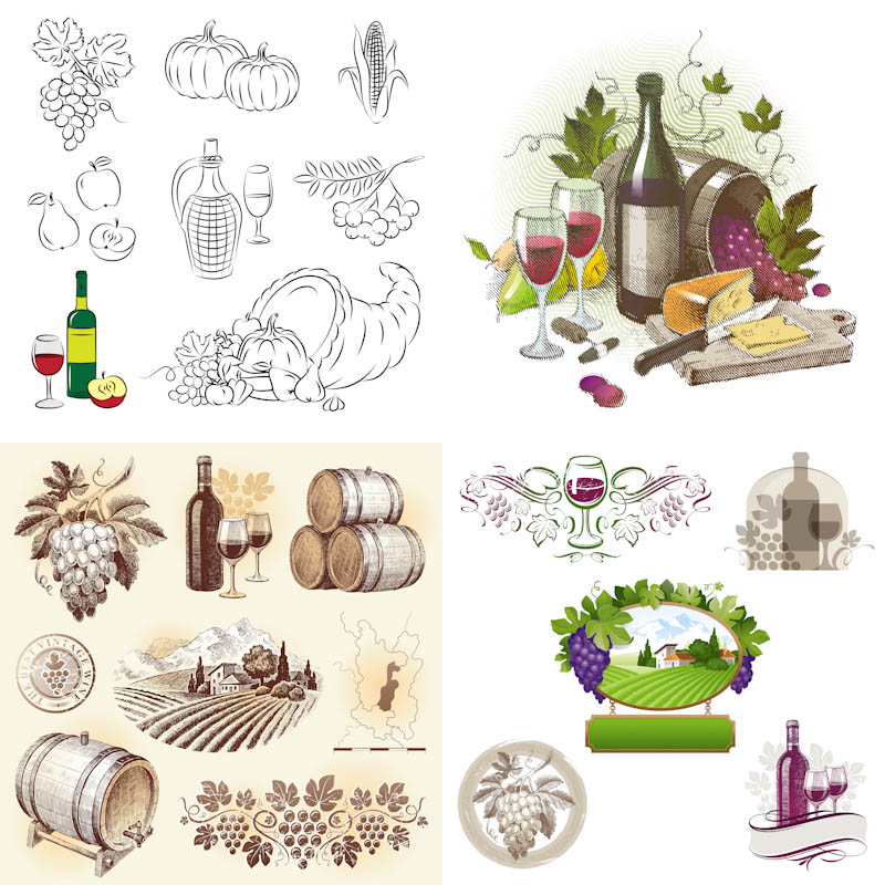 Sets Of 22 Vector Wine Illustrations In Hand Drawn Vintage Style For