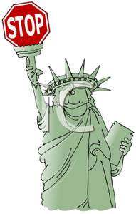 Cartoon Of The Statue Of Liberty Holding A Stop Sign   Royalty Free