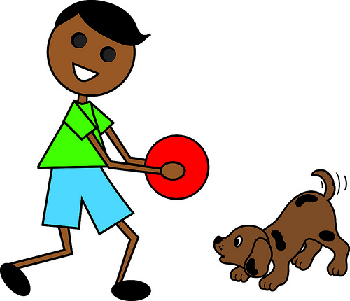 Clip Art Illustration Of A Cartoon Mexican Boy Playing With His Dog