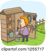 Clipart Of A Red Haired White Man At A Garden Tool Shed Royalty Free    