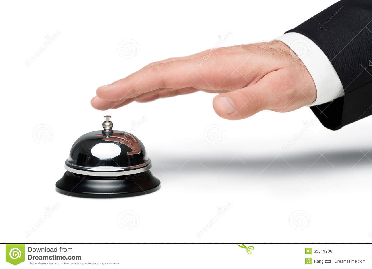 Close Up Of Male Hand Pressing A Service Bell Isolated On White