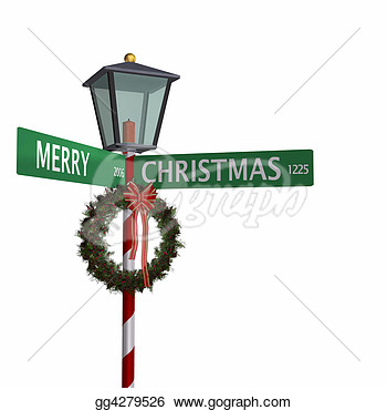 Drawing   Merry Christmas Street Sign With Lantern And Wreath With    