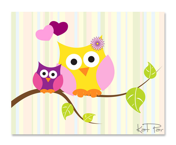 Mommy And Baby Owl Owls On A Tree Striped By Kathypardesign