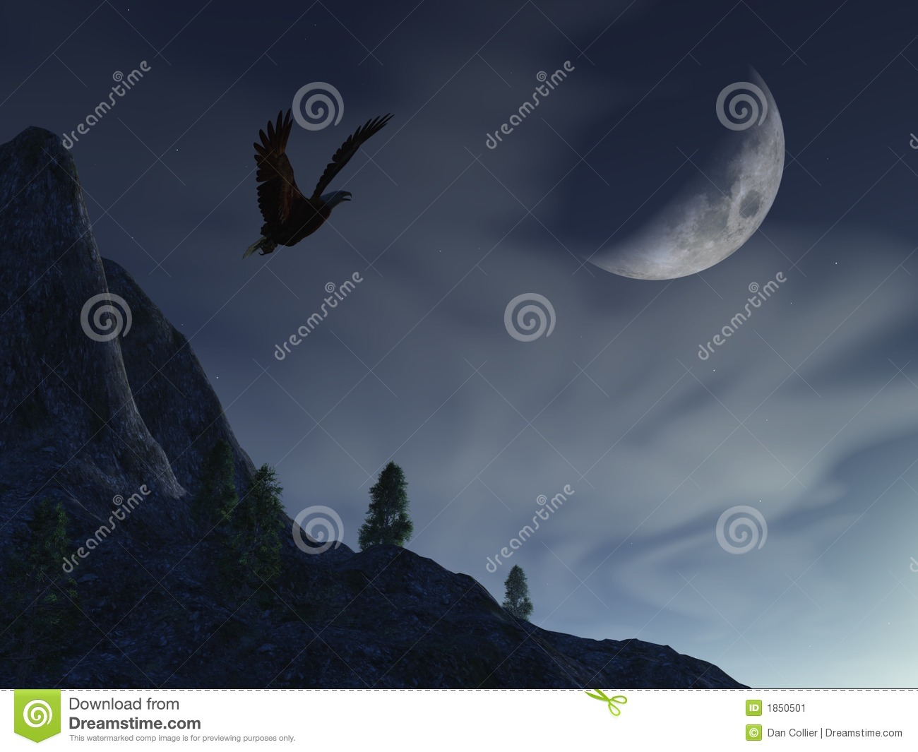 Night Moon Hanging Over Mountain With A Flying Eagle  A Cool Ghostly    