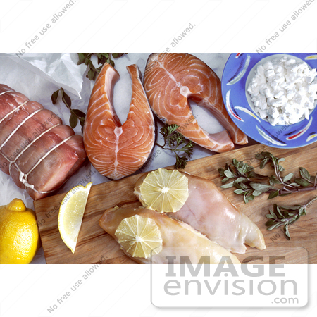 Picture Of Cuts Of Meat And Fish With Cottage Cheese Watercress    