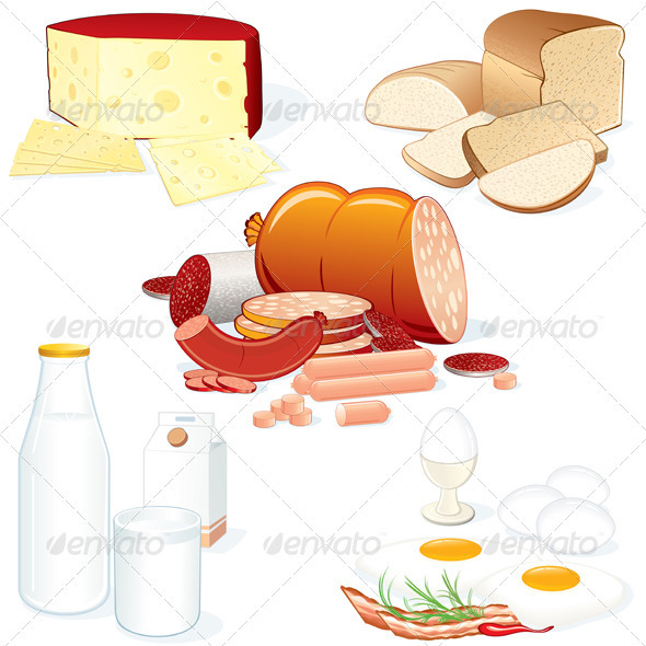 Set Of Detailed Food Collages  Meat Cheese Milk Bread Etc