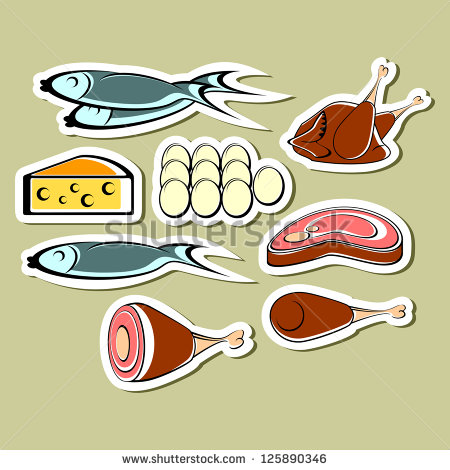 Set Of Stickers  Cheese Fish Eggs And Different Meat On A Light