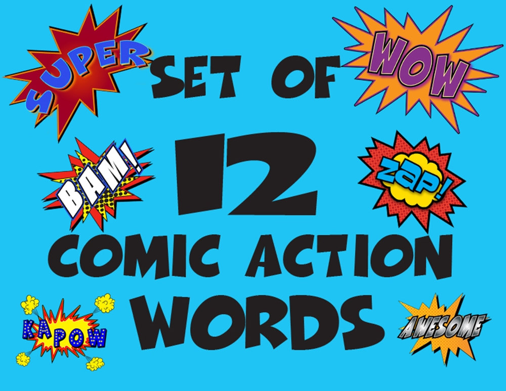 Super Hero Words   Set Of 12 Printable Comic Book Photo Booth Party    