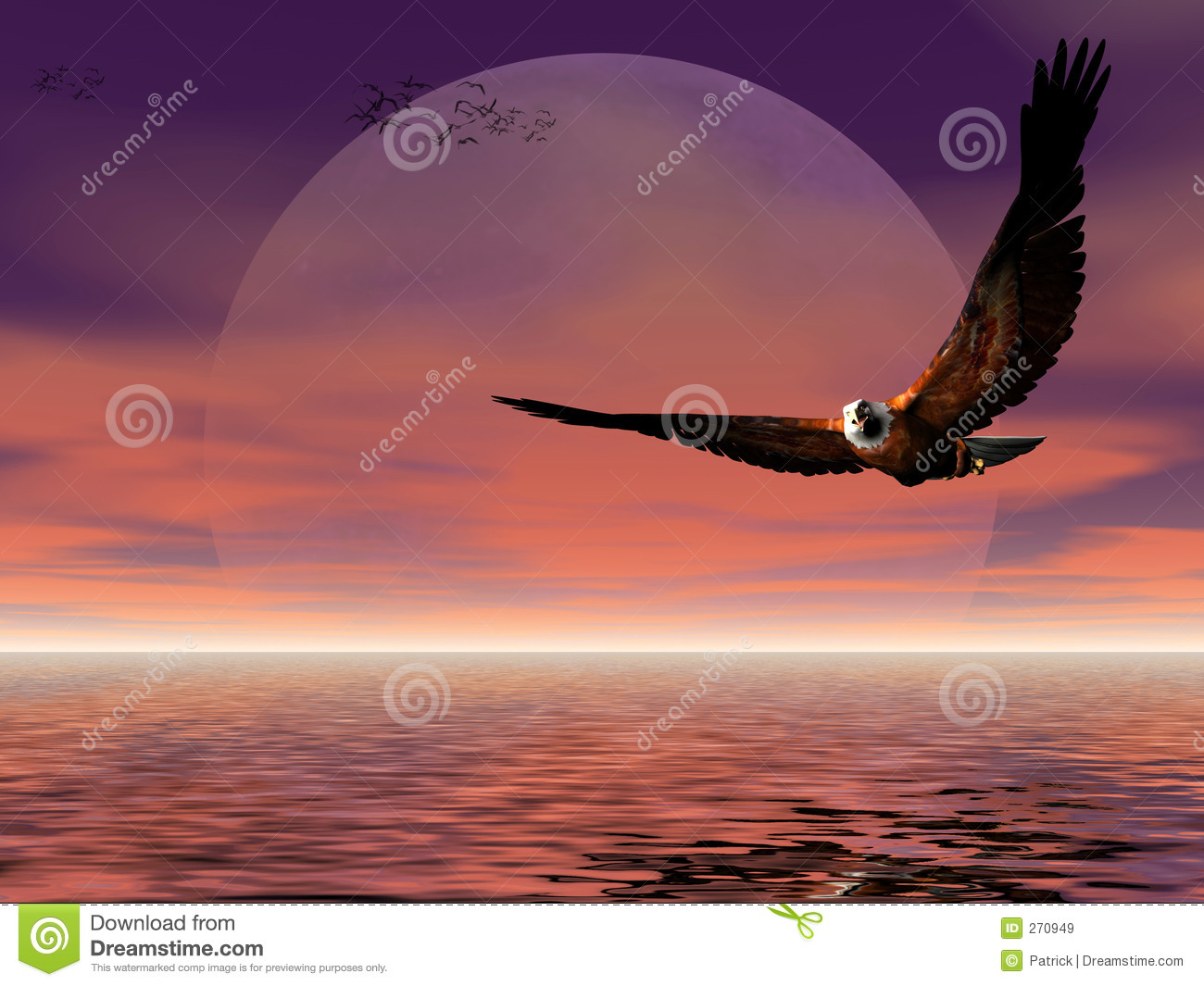 The American Bald Eagle Flying Over The Ocean Moonrise Puffy Clouds    