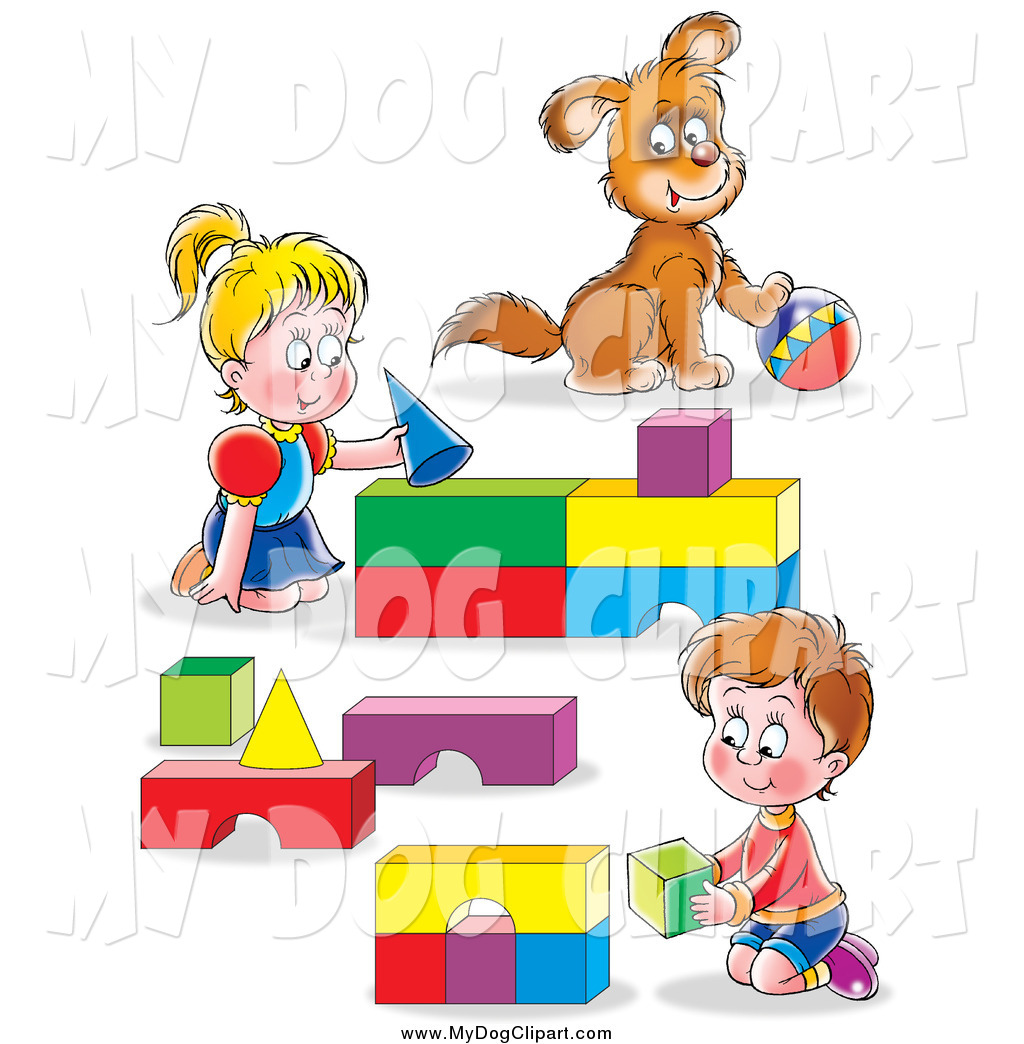 White Boy And Girl And Their Puppy Playing With Blocks And A Ball