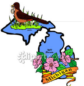 Blue State Of Michigan With State Symbols Of The Apple Blossom And The