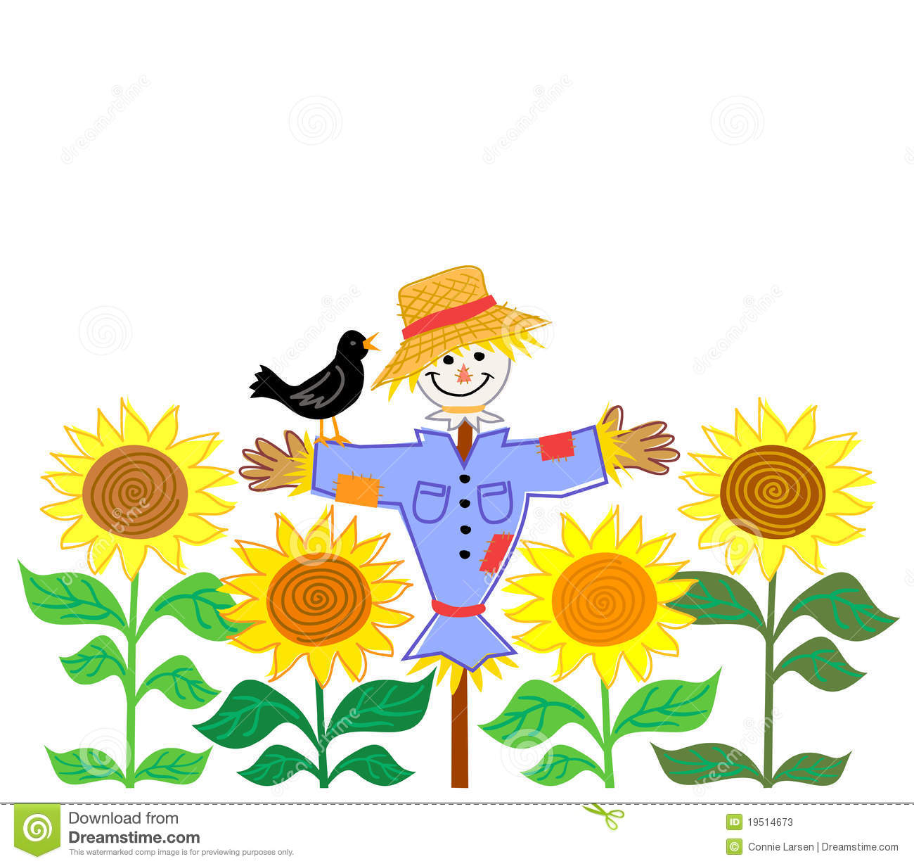 Cartoon Illustration Of A Patchwork Scarecrow In A Field Of Sunflowers