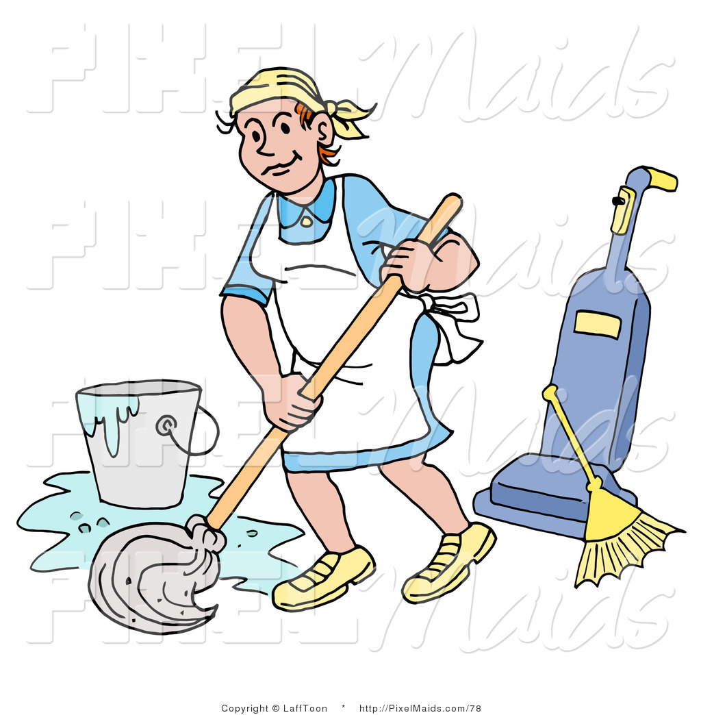 Custodian Or Janitor Woman Mopping A Floor Near A Broom And Vacuum