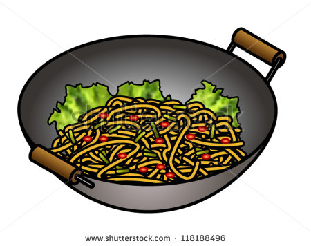 Wok With Stir Fried Noodles And Greens    Stock Vector