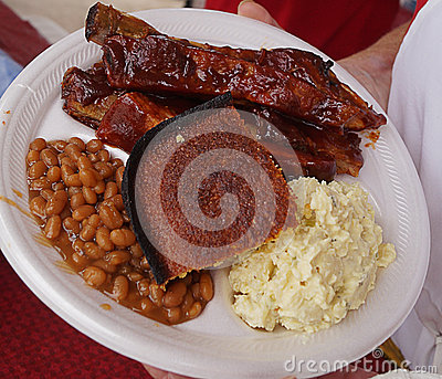 Bbq Competition Plate  Cornbread Ribs Baked Beans And Potato Salad