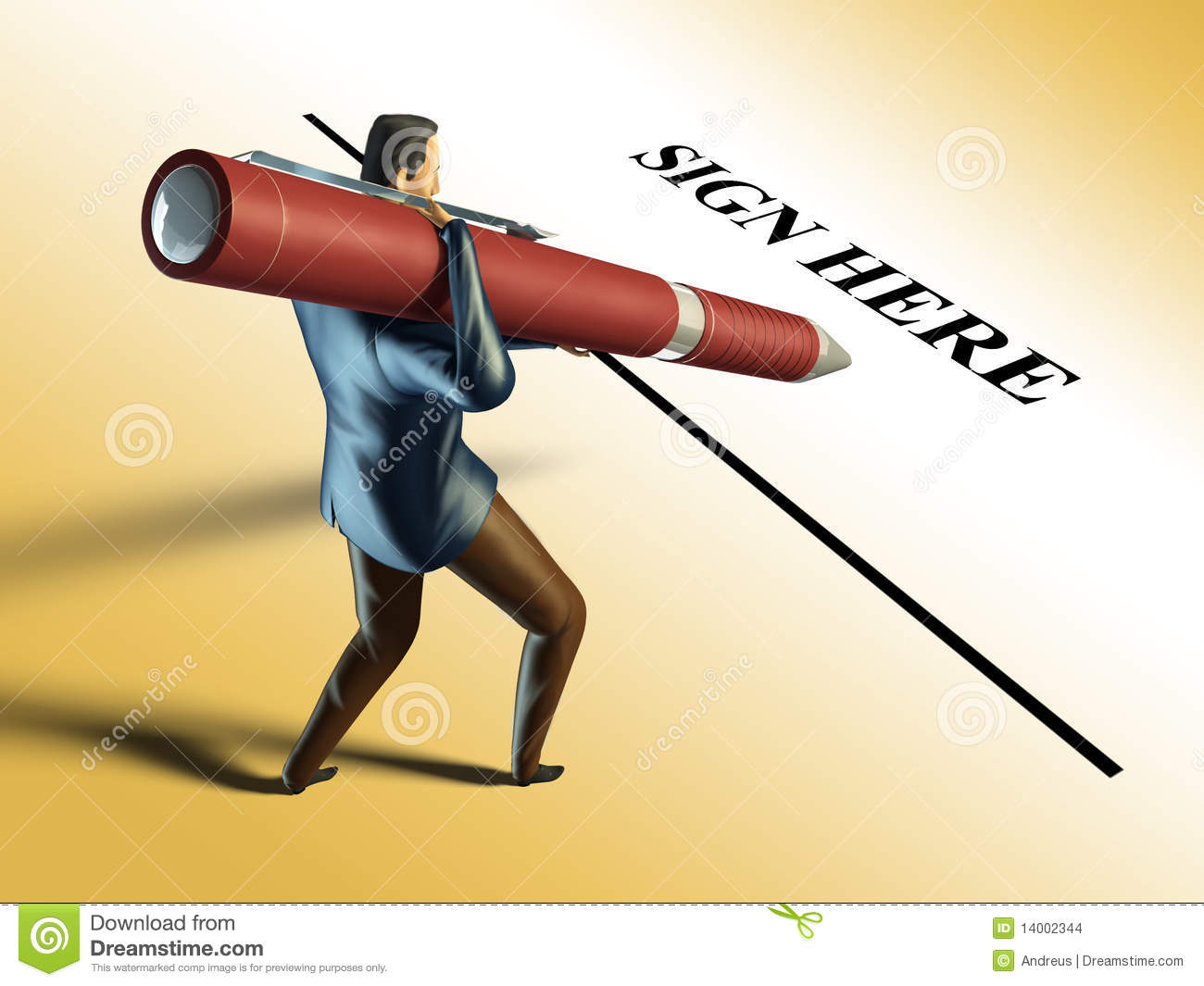 Businessman Signs Using A Giant Pen  Digital Illustration Clipping