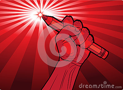 Clenched Male Fist Holding A Pencil With A Fiery Point And Radiating    