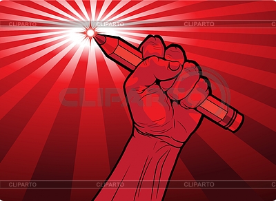 Clenched Male Fist Holding A Pencil With A Fiery Point And Radiating