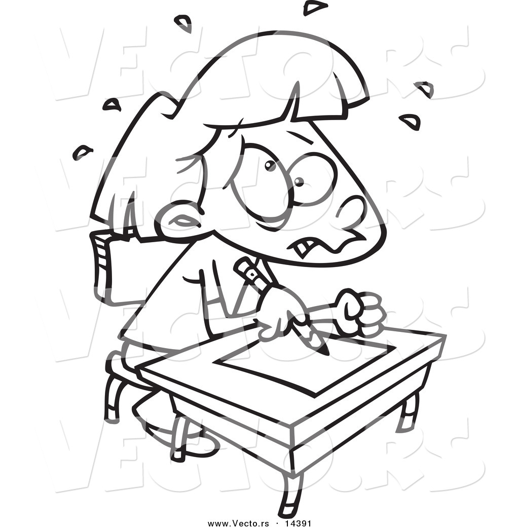 School Girl Taking A Test Coloring Page Outline Happy Cartoon School    
