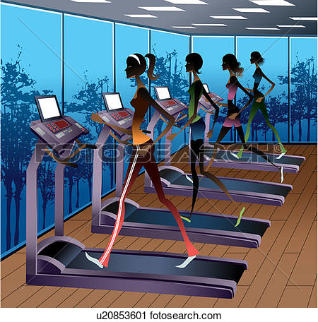 Side View Of Women Running On Treadmill View Large Illustration