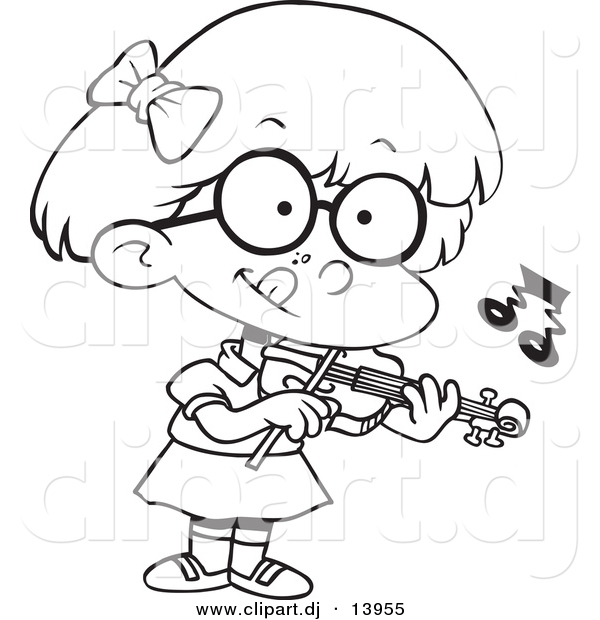 Vector Clipart Of A School Girl Playing Violin   Coloring Page Outline