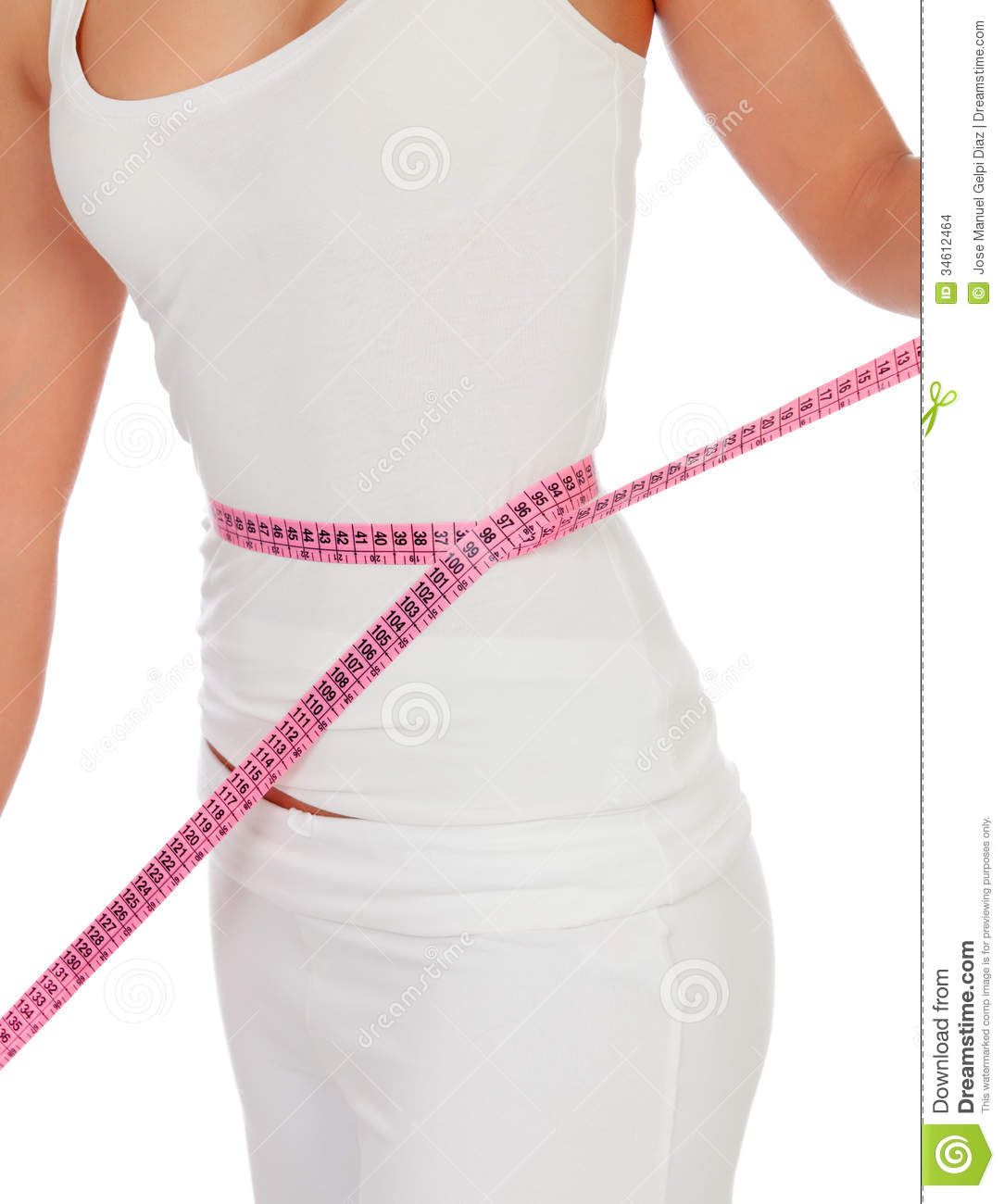 Woman Body With A Tape Measure Measuring Her Waist Isolated On A White    