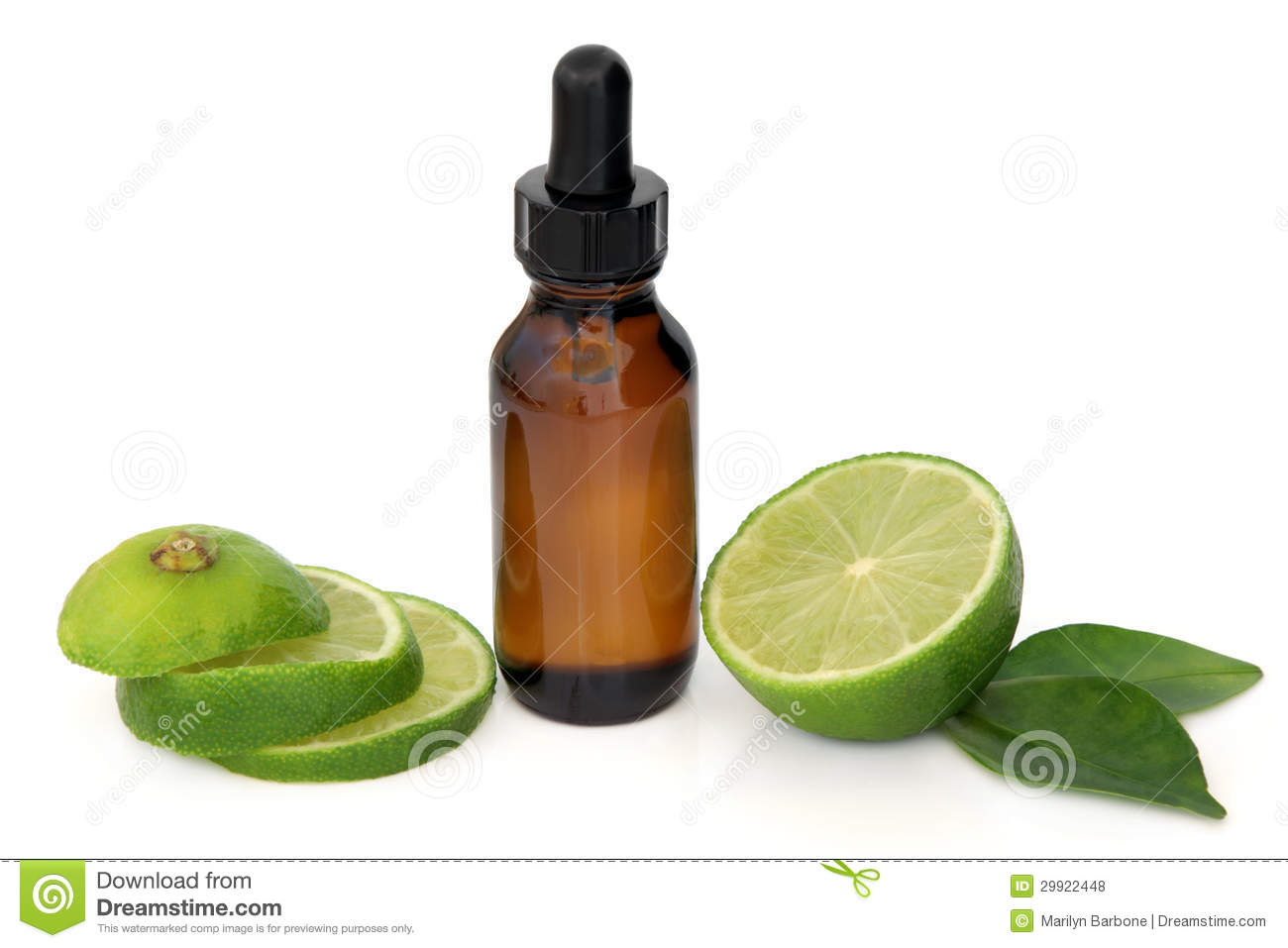 Aromatherapy Essential Oil Bottle With Lime Fruit And Leaf Sprig 