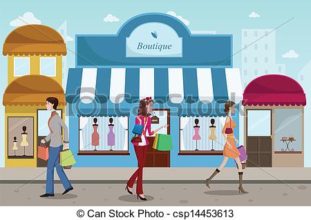 Clip Art Of People Shopping In An Outdoor Mall With French Boutique