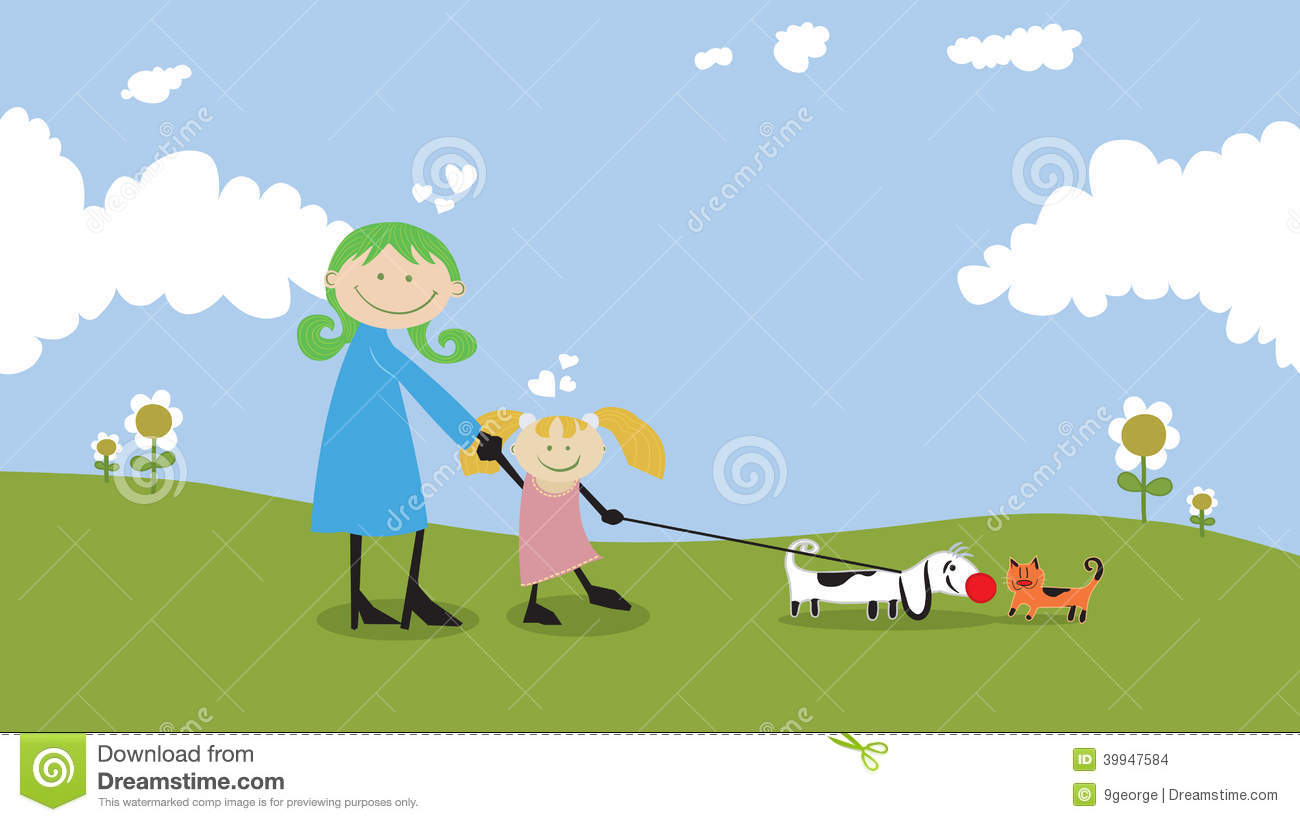 Happy Family Spending Time Outdoors Cartoon Illustration No Gradients