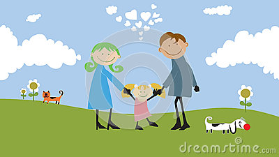 Happy Family Spending Time Outdoors Cartoon Illustration No Gradients