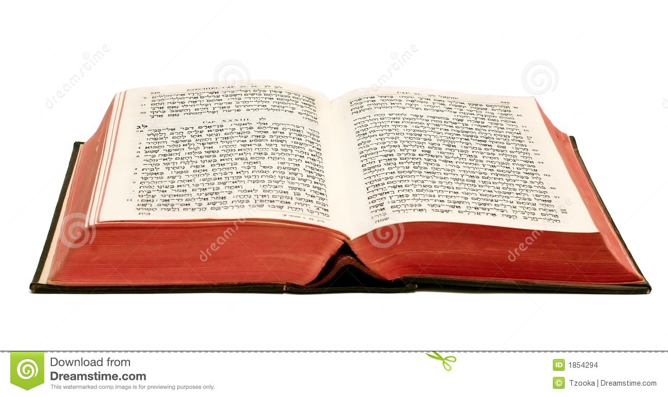 Hebrew Bible Book With Red Sides Opened On White Background 