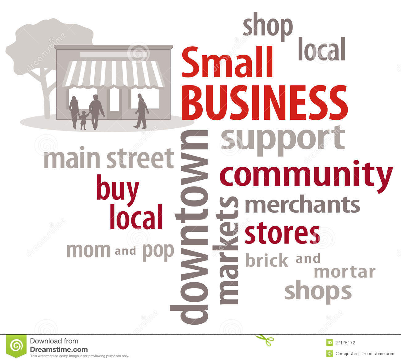 Small Business Word Cloud With Main Street Store Graphic To Encourage