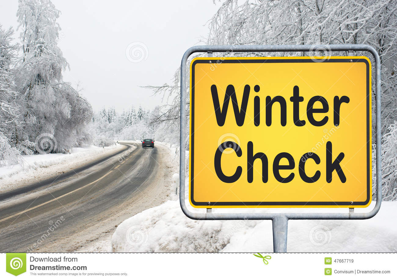 Winter Check   Yellow Traffic Sign With Road Car And Snow In The    