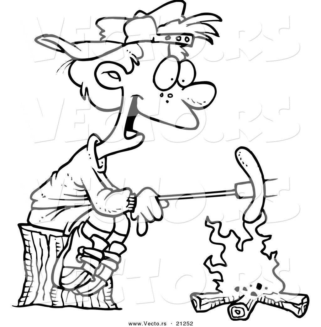 Cartoon Boy Roasting A Weenie Over A Campfire   Coloring Page Outline